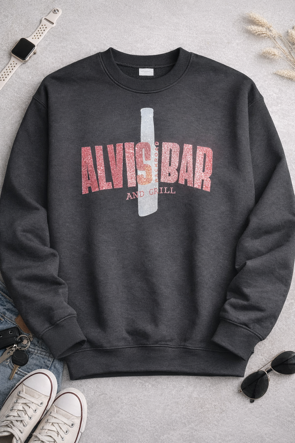 ALVIS Bar & Grill Sparkly Pink Bottle Crewneck