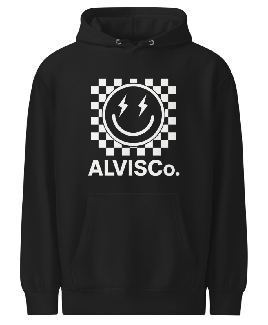 Electric Checkerboard Smiley Hoodie – Black Edition