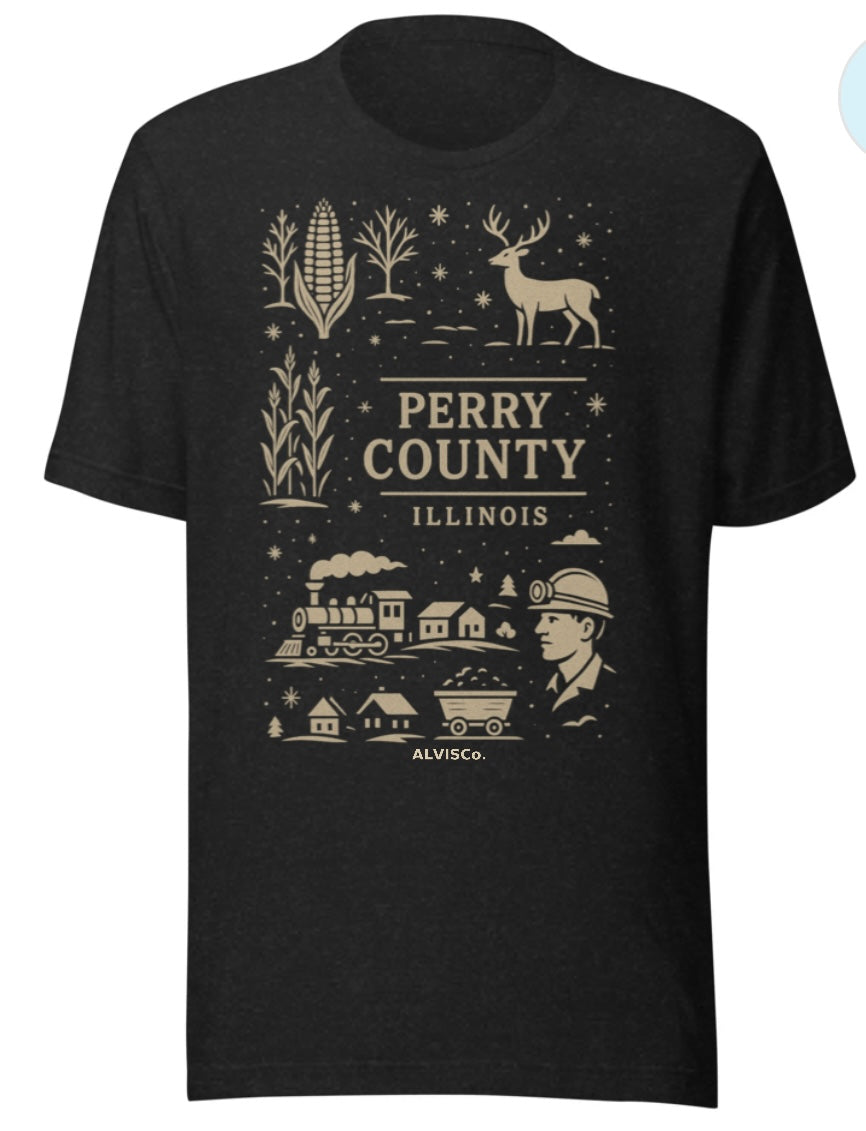 Perry County Illinois Heritage Tee — ALVISCo. Linocut Collection (Black/Beige)